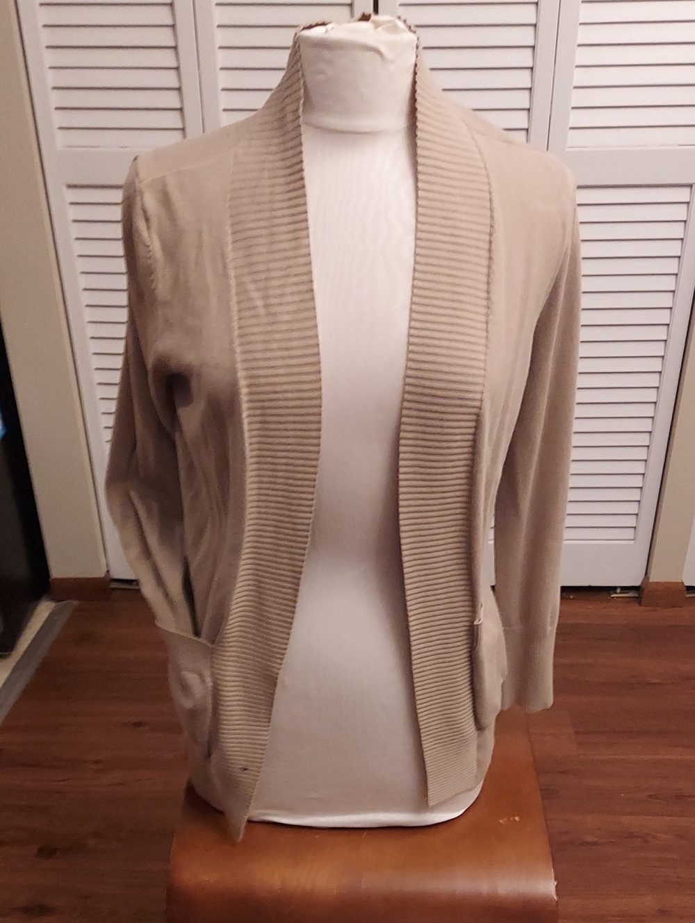 Beige Open-Front Ribbed Shawl Collar Sweater Cardigan